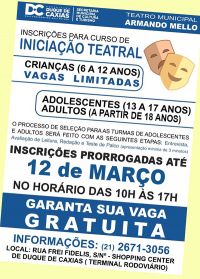 Inscrições para curso gratuito de teatro em Duque de Caxias prorrogadas até o dia 12